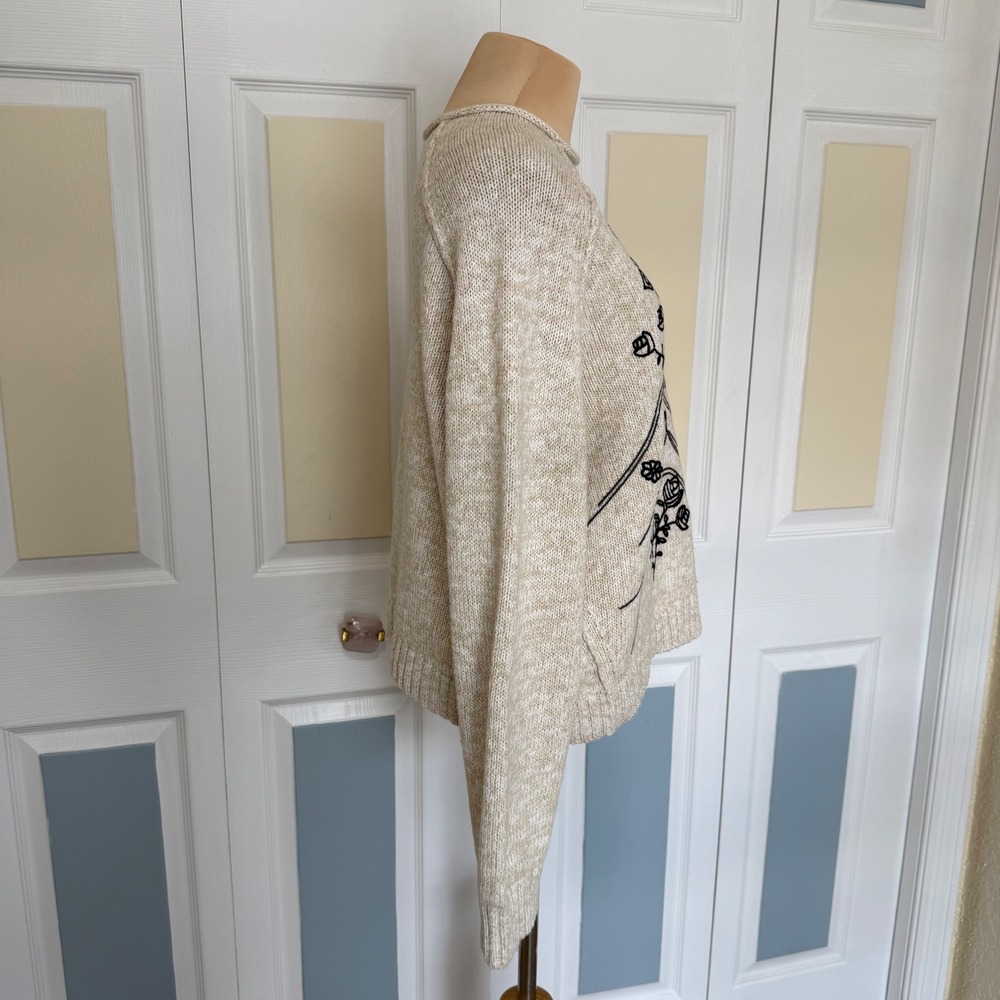 Sundance Womens Cream Black Embroidered Floral Cotton Wool Blend Sweater L - Picture 4 of 8